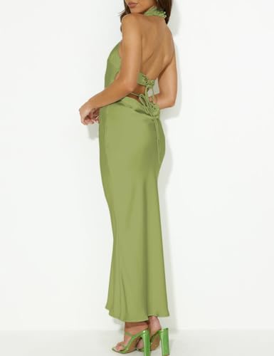Image of Women Summer Satin Halter Neck Backless Formal Wedding Guest Maxi Dress