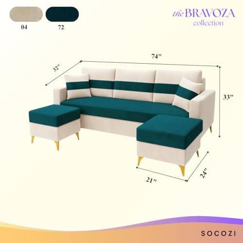 Image of SOCOZI Bastian 5 Seater L Shape Sofa Set with 2 Movable Ottomans | Flexible Layout | Soft Velvet Suede Fabric|Modern Sofa | Plush Comfort Cushions for Living Room (Green Teal-Cream)