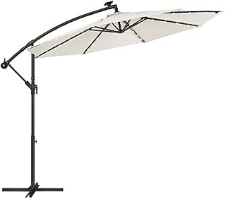 SONGMICS Cantilever Garden Patio Parasol with Solar-Powered LED Lights, Offset Parasol with Base, UPF 50+ Banana Hanging Umbrella, Crank for Opening Closing