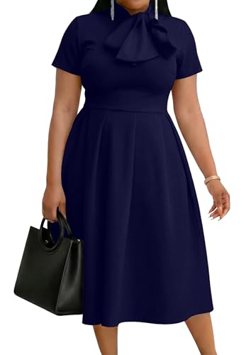 Image of FANDEE Midi Dress for Women Casual Short Sleeve A-line Semi Formal Fit and Flare Dress Classy Tie Neck Work Business Dresses