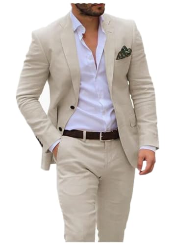 Summer Linen Men Suits Blazer Pants Tuxedo 2Pcs Mens Wedding Grooms