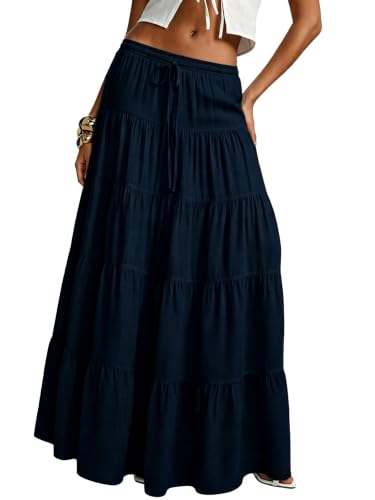 Image of Women's Boho Maxi Skirt Ruffle Flowy Low Rise A Line Beach Long Skirts | Flared Ruffle, Elastic Waist, Summer Vacation Skirts