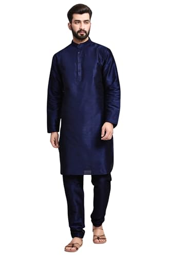 Image of SKAVIJ Men's Art Silk Solid Kurta Pyjama Set Festive Woven Design 2-Piece Ethnic Dress (KP055blue Blue S)