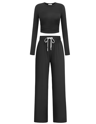 PINSPARK Women 2 Piece Lounge Set Long Sleeve Cropped Top Wide Leg Pants with Pockets 2024 Fall Outfits Matching Tracksuit