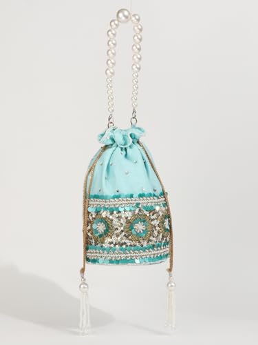 Image of THE TAN CLAN Pushp Zardozi Embroidered Mini Lotus Potli Bag - Handcrafted Silk Pouch with Intricate Zardozi & Lotus Design for Weddings, Bridal Accessories, and Special Occasions