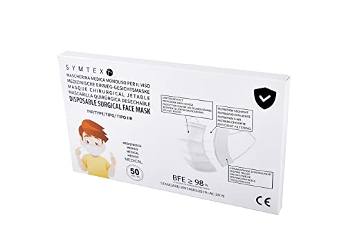 SYMTEX 50 Stück Masken Mini Model S in kleiner Größe, Medizinisch Chirurgische Masken Type IIR Norm EN 14683 zertifizierte OP Masken 3-lagig Mundschutz mund und nasenschutz (Weiss) Cover