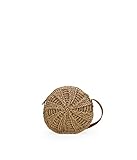 BOSANOVA Bolso pequeño Redondo Estilo Bandolera confeccionado en Rafia con Detalle de Tirador con Flecos y Conchas. Cierre con Cremallera y asa de Cruzar Regulable. Tostado U