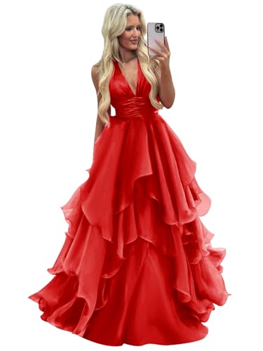 Women's Tiered Puffy Tulle Prom Dresses 2025 Pleated Backless Ruffle Halter Princess Ball Gown3