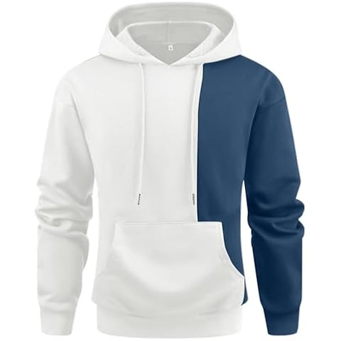 Aimeilgot Men's Novelty Color Block Pullover Hoodie Casual Long Sleeve Hooded Sweatshirt with Pocket White Blue, Medium Cover