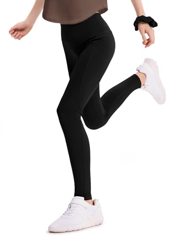 PATPAT Girls Athletic Leggings with Pocket, Buttery-Soft & Ultra-Stretchy Yoga Pants for Running Dance Workout Casual, Skinny-Bottom (Regular), Black, US10/M