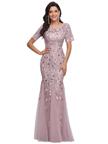 Ever-Pretty Women's Elegant Illusion Short Sleeve Crew Neck Sequin Embroidery Mermaid Evening Dresses Mauve US06