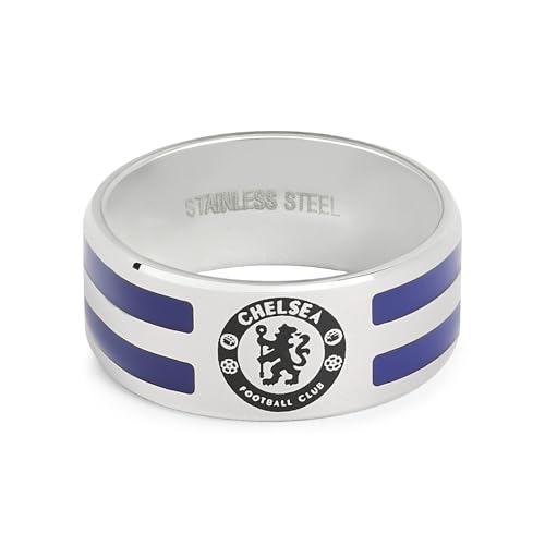 Image of Official Licensed Chelsea FC Stainless Steel 2 Colour Stripe Band Ring - Small Mens/Unisex Football Gift