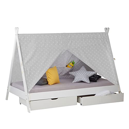 Homestyle4u 2082, Kinderbett Tipi 90x200 mit Matratze Lattenrost Bettkasten Weiß Bett Holzbett Kinderzimmer