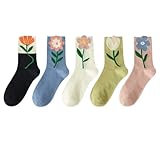 VORPE Multi-Colored Floral Tulip Cute Cotton Crew Socks For Women, Size 5-8, Pack of 5 (Tulip 2)