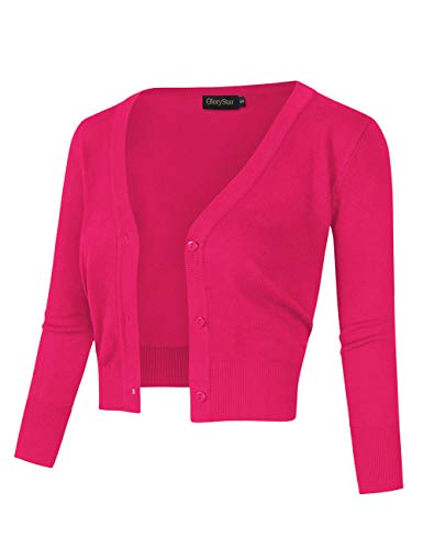 GloryStar Women's Casual 3/4 Sleeve Button Down Open Front Knit Cropped Cardigan Sweater Rose L