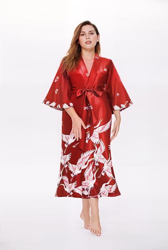 PRODESIGN Long Kimono Robe Satin Sleepwear Blouse Bathrobe Nightgown Silky Crane Kimono Cardigan Robe
