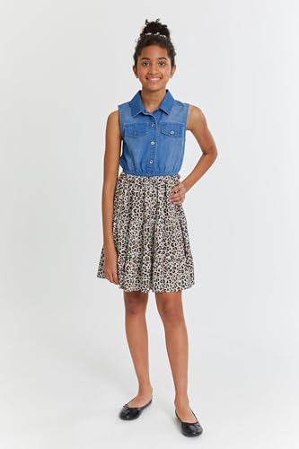 Bonnie Jean Girls Denim Dress - Sleeveless Denim and Leopard Print Dress for Girls with Matching Hair Tie3