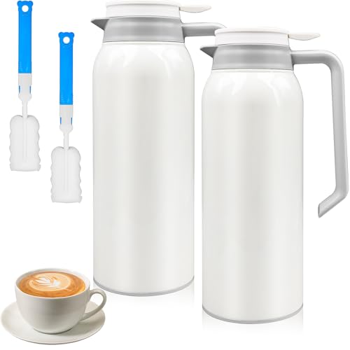 2 Pcs 1.5L Stainless Steel Thermal Carafe Jugs, White Double Walled Thermal Coffee Carafe, Vacuum Insulated Tea Pots with 2 Brushes for Home Office Outdoor Restaurant