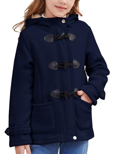 Image of Flygo Girls Fleece Jacket Sherpa Lined Hoodie Horn Button Duffle Coat Warm Winter Coats Jackets (5-14 Years)(Navy-M)
