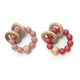 Alta calidad: hay dos brazaletes de sonajero mordedor bebe en este set de brazaletes de montessori bebe, cada uno de los cuales se usa a mano con silicona alimentaria y materiales de madera de haya natural. Es seguro y respetuoso con el medio ambiente. Los bebés pueden estar seguros de usar este pulsera de mordedores bebe.