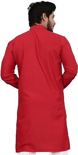 Image of Cotton Blend Full Sleeve Long Plain Kurta for Men