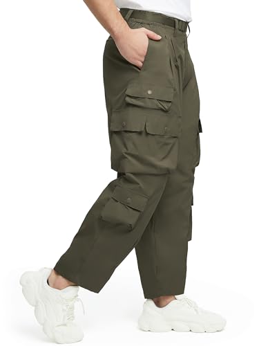 JAWERU Mens Casual Pants Hiking Pants Cargo Pants Loose Elastic Waist Running Joggers Outdoor Pants Olive Drab 38