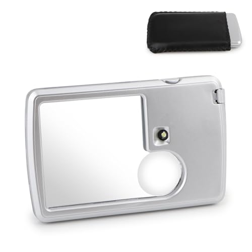 Rongon Magnifying Glass with Light Pocket Portable Card Sized Magnifiers Small Magnifying Glasses 6X 3X Lighted Reading Magnifier for Jewelry Menu Travel Contracts Home (Silver)
