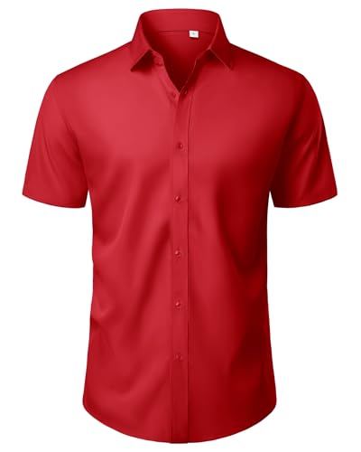 Image of J.VER Mens Shirts Short Sleeve 4-Way Stretch Dress Regular Fit Business Casual Summer Work Formal Fashion Shirt Red M
