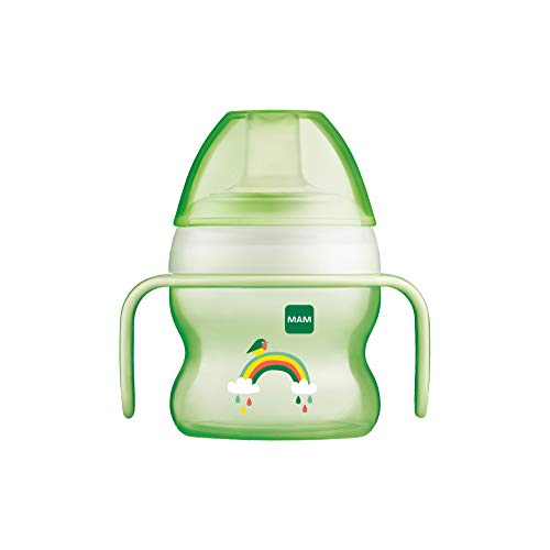 MAM Starter Cup Baby (150ml), tuitbeker waarmee baby's zelfstandig kunnen leren drinken, drinkbeker met antislipgrepen, antilekbeker met dierenmotief, vanaf 4 maanden, groen