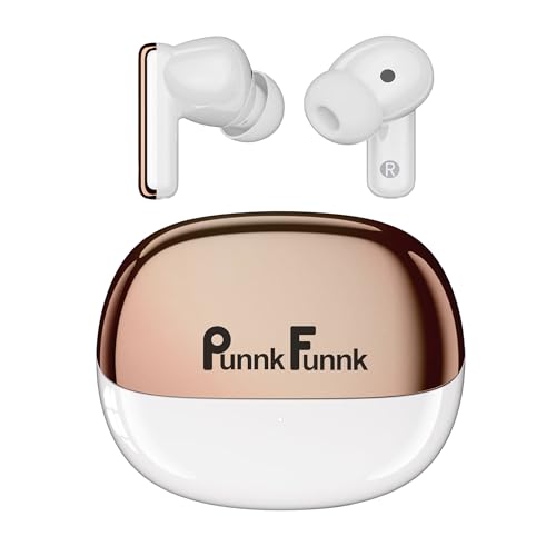 PunnkFunnk FusionBeat Wireless Earbuds 40H Playtime, 45ms Low Latency, 13mm Bass Drivers, Zen ENC Mic, IPX5 Water-Resistant, Bluetooth 5.3, Type-C Fast Charging(White & Gold)