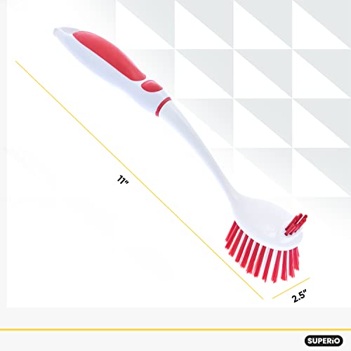 Image of Dish Brush with Handle Vegetable Brush Double Sided Cleaning Brush Scrubber Non Scratch Scrub Brushes Kitchen Brush for Cooking, Foods- Fruits /Potatoes /Veggies, Sinks, Bath-Red, Superio