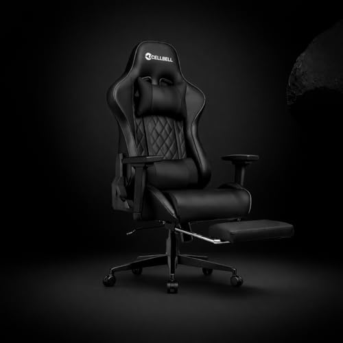 Image of CELLBELL Shadow FT Ergonomic Gaming Chair with Footrest Premium PU Leather 4D Armrests 180 Degree Recline Class 4 Hydraulic Tilt Lock Diamond Design Heavy Duty Base 60mm Wheels (Black)