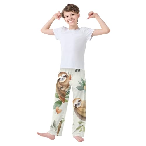 Lovely Sloth Florals Boys Long Pants Soft Trousers Elastic Waist Kids Lounge Bottoms with Pockets S-XL2