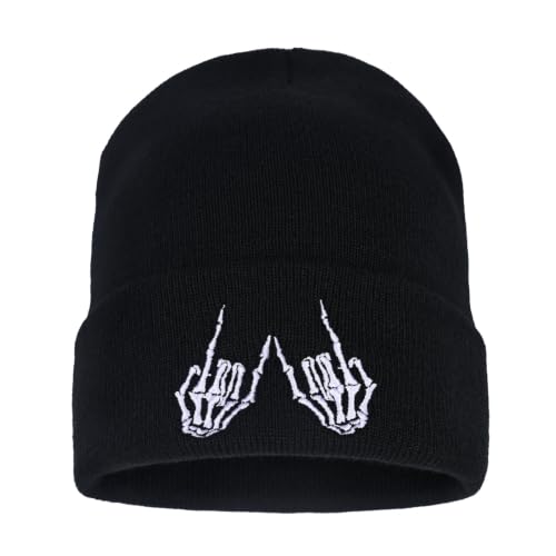 Image of Embroidered Skeleton Beanie Hat Winter Stretch Knit Skull Cap for Men Women