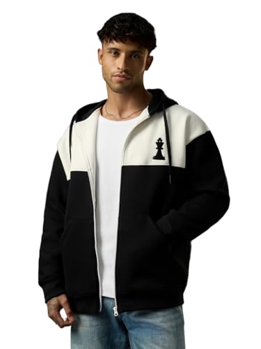 Image of The Souled Store: The King Men and Boys Full Sleeves Hooded Neck Black and White Cotton Blend Drop Shoulder Streetwear Trendy Premium Heavy Fleece Zipper Oversized Hoodie