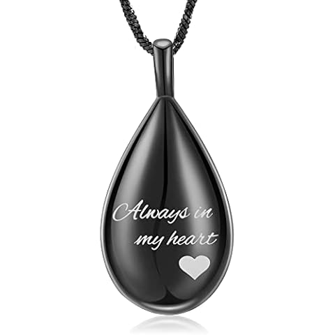 Yinplsmemory Carved Teardrop Keepsake Ashes Necklace Urn Pendant Cremation Memorial Jewelry Always in my heart Black Cover