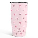 SANDJEST Heart Tumbler 20oz, Stainless Steel Travel Cup with Lid, Insulated Coffee Mug, Heart Gifts for Women Girls Friends Sisters on Birthday Christmas Valentine (Pink)