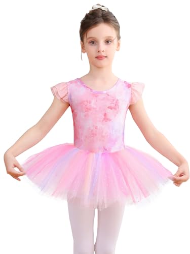 Bezioner Justaucorps Danse Fille avec Jupe Tutu Danse Classique Filles Brillante Vêtements Tenue de Ballet Manches Courtes Rose 130(6-8 Ans,120-130 cm)