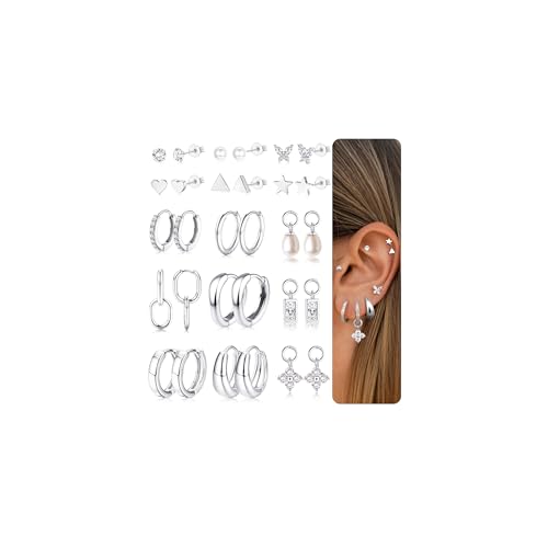 Diamday 12 Paar Hypoallergene Ohrring Set Für Damen Chirurgenstahl Ohrringe Silber Ohrringe Damen Creolen Piercing Ohr Silber Medizinische Creolen Ohrstecker Tragus Knorpel Helix Mehrfache Piercings