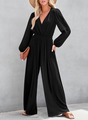 Dokotoo Jumpsuit For Womens Dressy Casual 2024 Lantern Sleeve Resort Wear One Piece Long Deep V Neck Romper Elastic Waist With Pockets Outfits For Fall,Black Large thumb #1