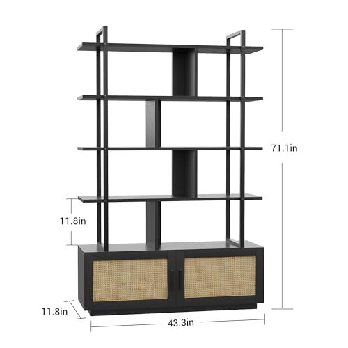 GarveeHome Rattan Bookshelf,71.1 Inch Tall Industrial Bookcase with Storage Door, Bookshelves and Bookcases with Open Display Shelves,5 Shelf Bookcase with Metal Frame for Living Room