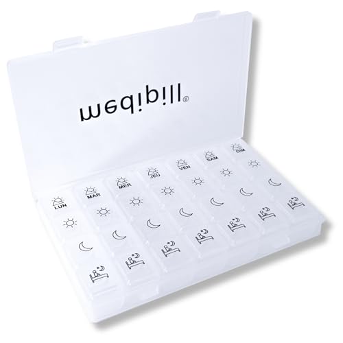 MEDIPILL - MEDIPILL - Pilulier Semainier Français | 7 Jours 4 prises Matin Midi Soir Couché | 28 Compartiments | Boîte à médicaments | MED-BOX28 (Transparent) - -38%