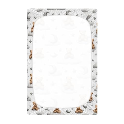 Image of Caikeny Fitted Crib Sheet for Boys Girls Kawaii Bears Moon Grey Clouds Baby Crib Sheets Stars Watercolor Bassinet Sheets Crib Mattress Bed Sheets for Toddler Newborn Infant 52 X 28 in