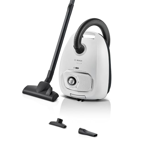 Bosch Serie 4 BGB41WH1 Aspirapolvere a Traino con Sacco, Raggio d'azione 11 m, Sacchetto Polvere XL, Bocchetta per Tessuti, Bocchetta per Fessure, Porta Accessori Integrato, Bianco