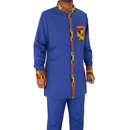 African Dashiki Suit for Men Kente Print Long Sleeve Outfit Clothing Shirts and Pants 2 Piece Traditional Attire4