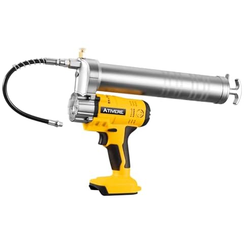 ATIVERE Lithium Battery Grease Gun Cordless for DeWalt 20V Max Battery (NO Battery) Yellow with 12” Spring Flex Hose, 10000 PSI High Pressure Quick Release Grease Cover