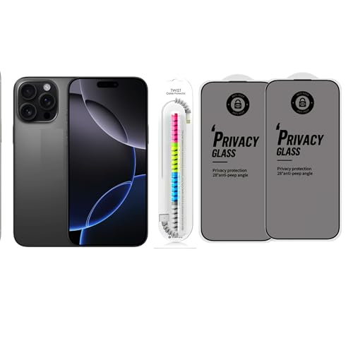 Image of Edge To Edge Privacy Tempered Glass Screen Protector Compatible With iPhone 16 Pro Max, 9H Hardness, Anti-Fingerprint, FHD Clear With Cable Protector Pack 2