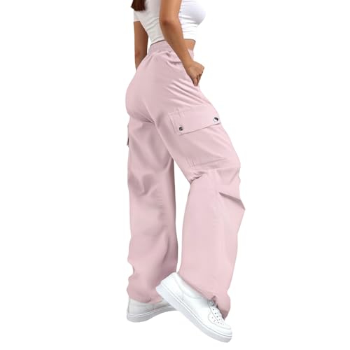 Image of Ladies Waterproof Cargo Trousers Drawstring Elastic High Waist Combat Pants with Multiple Pockets Plain Casual Hiking Wide Leg Tracksuit Bottoms Baggy Lightweight Jogging Work Walking Trouser Pink