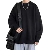 [link bleu] メンズ ニット セーター クルー ネック 無地 オーバー サイズ シンプル 長袖 プルオーバー カジュアル ゆったり 秋冬 春 (M, ブラック)