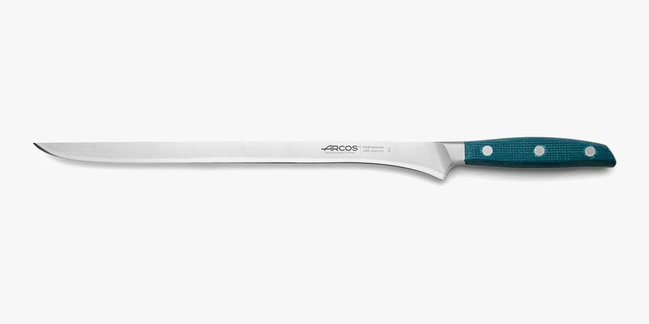 Arcos Tranchiermesser Geschmiedet - Professionelles Kochmesser aus Edelstahl, Ideal für Schinken - Micarta-Griff und Spezielle Borseda, Silberne Klinge 300 mm - Blau, Serie Brooklyn